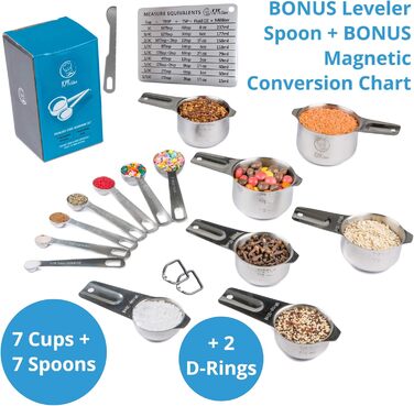 Stainless Steel Measuring Cups and Spoons Set, 16 Pieces, 7 Cups & 7 Spoons + Leveler & Chart - Metal Measuring Spoons and Cups - Stainless Steel Dry Measuring Cups & Liquid Metal