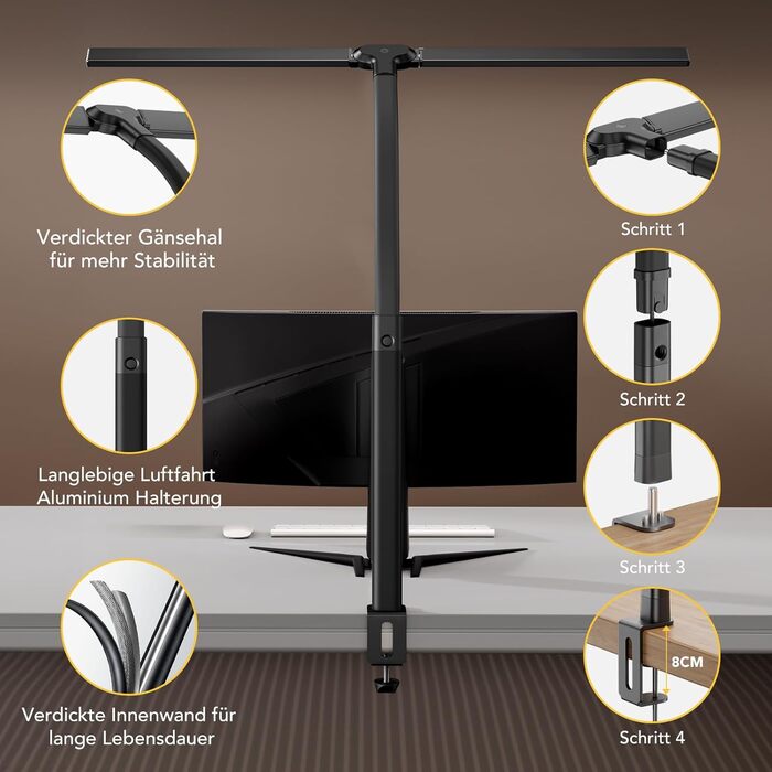 LED лампа для столу Ehaho 2100LM з регулюванням яскравості, 24W, 224 LED, 80 см, кріплення на монітор, гнушкий шийка, офісна лампа з пультом, 10 температур кольору та 10 рівнів яскравості (для дому/офісу), чорна