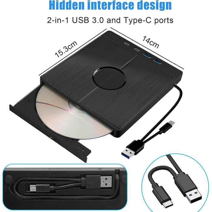 Зовнішній CD/DVD привід USB 3.0 Type-C з картридером SD/TF, портативний CD/DVD записувач для ноутбука, ПК, MacBook (Windows, macOS, Linux)