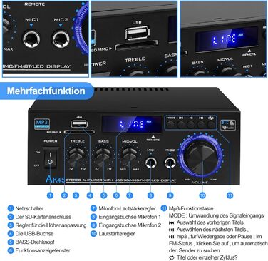 HiFi підсилювач AK45 Mini Bluetooth стерео, 2-канальний, 400 Вт, цифровий аудіо підсилювач з FM-радіо, SD/USB, для дому та авто