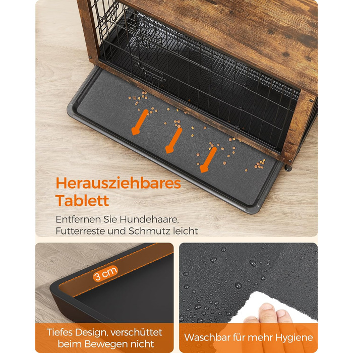 Клітка для собак Feandrea з функцією столику, сучасна собача будка для собак до 36 кг, міцна, для дому, з висувним піддоном, 2 двері, вінтажний коричневий PFC004X01, 112 x 75 x 82 см