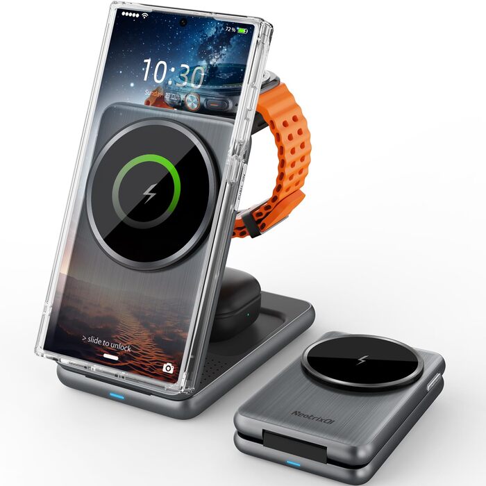 Магнітна зарядна станція 3-в-1 для Samsung Galaxy S25 Ultra/S24 з MagSafe, зарядка для годинників Galaxy Watch Ultra/8/7/6, бездротовий зарядний пристрій для подорожей (сріблястий)