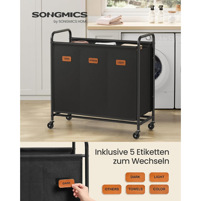 SONGMICS Laundry Basket with Wheels, 3-Compartment Laundry Sorter, 170 L Laundry Sorter, Mobile Laundry Cart, 5 Labels, for Laundry Room, Bedroom, Bathroom, Ink Black RLS330B01