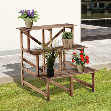 Outsunny Plant Ladder Flower Shelf 3-Tier Pine Wood 80 x 80 x 78cm for Garden Balcony & Terrace