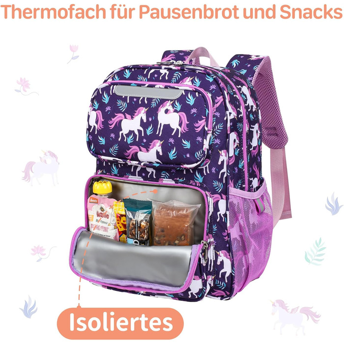 Дитячий рюкзак Bagseri Kinderrucksack для дівчаток 15L, легкий рюкзак для школи та 1-2 класу, з нагрудним ременем та ізотермічним відділенням, сумісний з DIN A4, з світловідбиваючими елементами, Deep Purple Einhorn