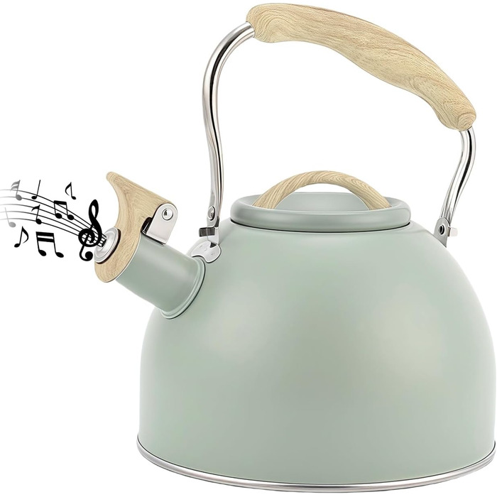 Чайник-заварник Flintronic з нержавіючої сталі, 3л, з дерев'яною ручкою, для всіх плит, чайник-заварник для чаю та кави (зелений)