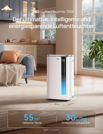 Розумний осушувач повітря DREO з App та Wi-Fi, 30л/добу, резервуар 6.5л, тихий (41дБ), 3 режими, таймер, для кімнат до 55м², сушіння білизни, з дренажним шлангом, білий