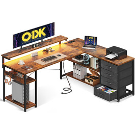 Стіл письмовий ODK L-подібний з шухлядами, 2 розетки та 2 USB, LED, 155x110 см (Vintage-brown)