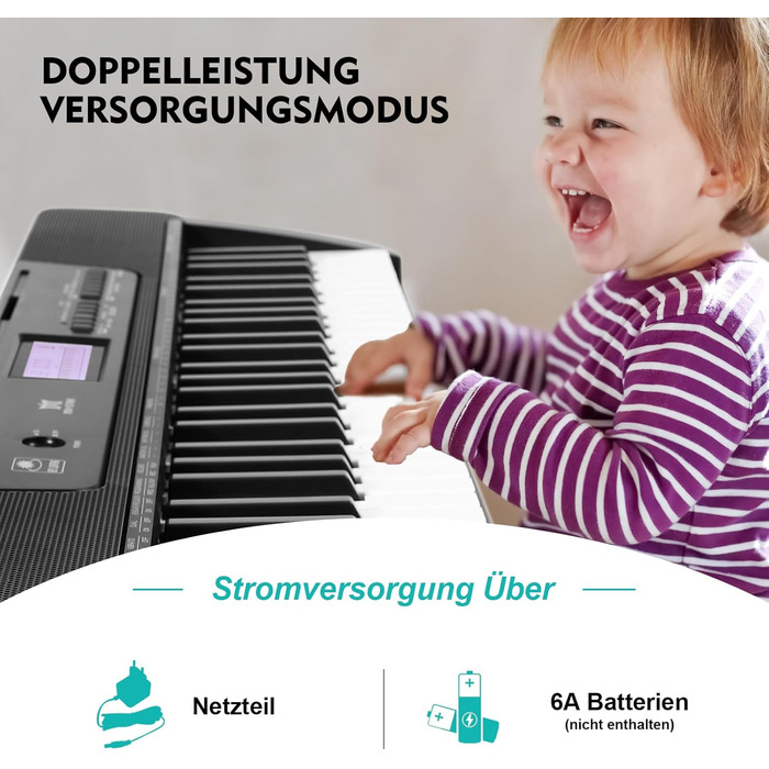 MUSTAR 61-клавішна клавіатура-піаніно для початківців, цифрова клавіатура з підсвічуванням, динаміками, стійкою, табуретом, навушниками, мікрофоном, підставкою для нот, 300 звуками та уроками музики (Чорний)