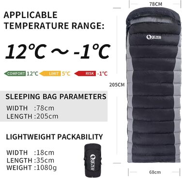 QEZER Ultralight Down Sleeping Bag - 8°C to -3°C for Camping, Hiking, and Trekking - 3 Season Outdoor Sleeping Bag