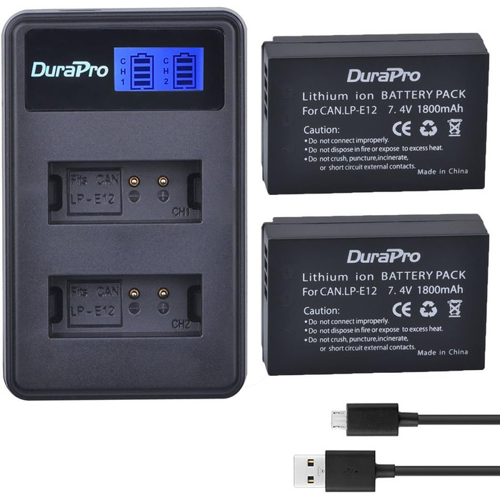 Акумулятор DuraPro 1800mAh LP-E12 + LCD зарядний пристрій Dual USB для Canon EOS M, M2, M10, M50, Rebel SL1, 100D