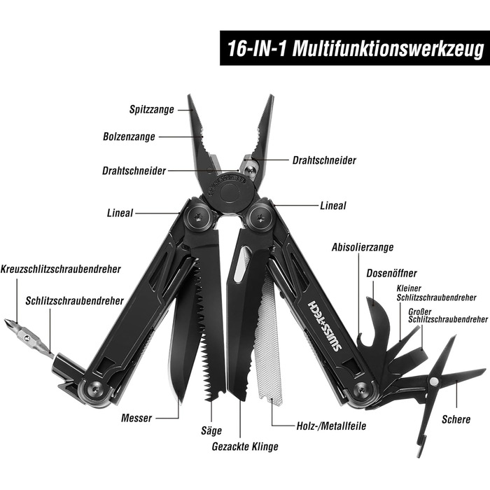 Мультитул Swiss+Tech 16-в-1: мультиінструмент з ножем, пилкою, плоскогубцями та ін. для кемпінгу та ремонту, з чохлом