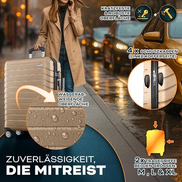 Набір валіз Tillvex® 4 шт. (S-M-L-XL) + ваги для багажу, 8 ременів та 4 бірки | Валізи на 4 колесах з TSA замком | Набір валіз з міцного пластику, колір шампань