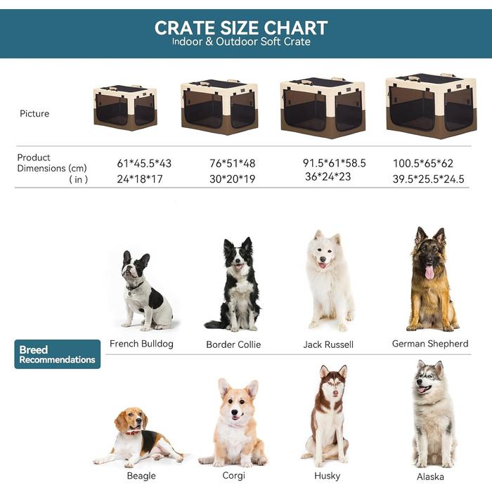 Клітка для собак Petsfit, складана, для середніх та маленьких собак, для дому, транспортування, з регульованим дизайном, з міцними сітчастими вікнами та м'якою підстилкою (61 x 46 x 43 см, колір кава)