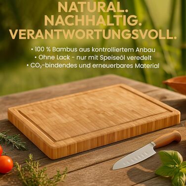 Розкриваюча дошка для нарізання з бамбуку, 100% органічний матеріал, 45 x 30 x 2 см, велика XL дошка – сертифікована FSC® антибактеріальна дошка з бамбуку для кухні (Gourmet Edition - Hirnholz Bambus, 38 x 27 x 3 см)
