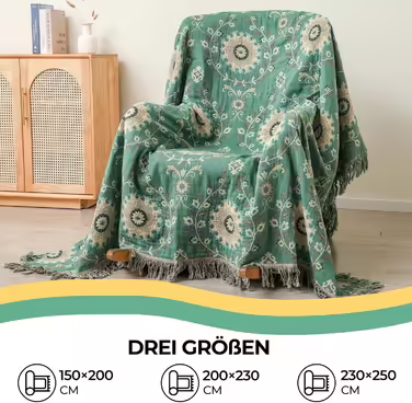 Двосторонній плед HOORDRY Boho з бахромою, 230x250 см, 100% бавовна, зелено-бежевий, з малюнком соняшників для дивана, ліжка, крісла
