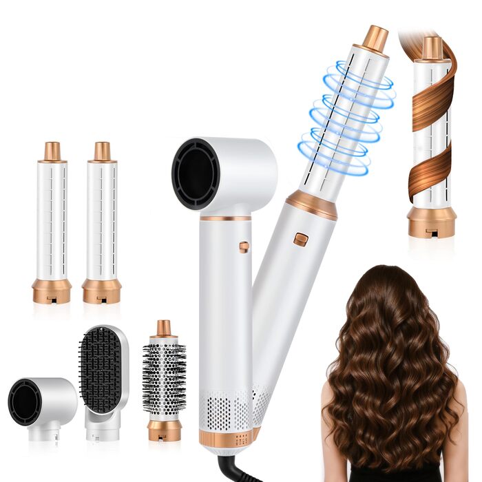 Набір для укладки волосся 6 в 1: мультистайлер, авто-локони, фен-щітка, об'єм, випрямлення, сушка (білий)