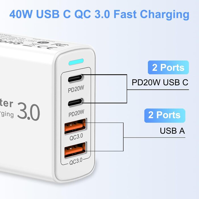 Мережевий зарядний пристрій USB C на 4 порти, 40W, з USB-A, для iPhone 16/15/14/13/12 та смартфонів
