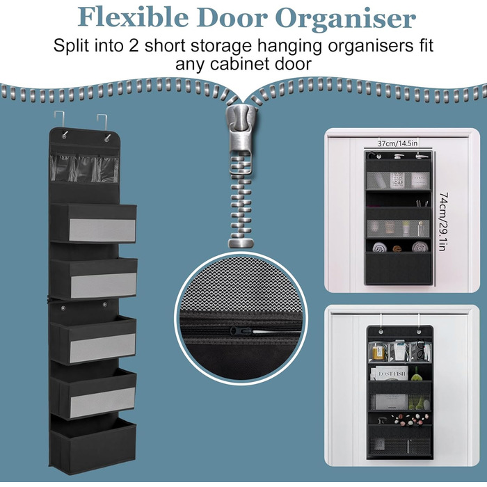 Організатор для дверей, підвісний, з 5 кишенями, з гачками, для ванної кімнати, шафи, кемпінгу, 150x36.5x14 см (Чорний)