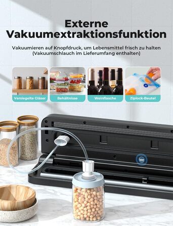 Вакуумний пакувальник Vihoom 5-в-1: зберігайте продукти до 8 разів довше. Включає 10 пакетів та шланг. Міцна зварна шве, 30 см. Чорний