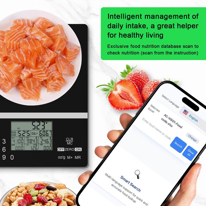 Розумна вага ACCT 5000g для харчування: з кодами продуктів, контролем порцій, для випічки та схуднення. 4 одиниці, функція тарування, батарейки