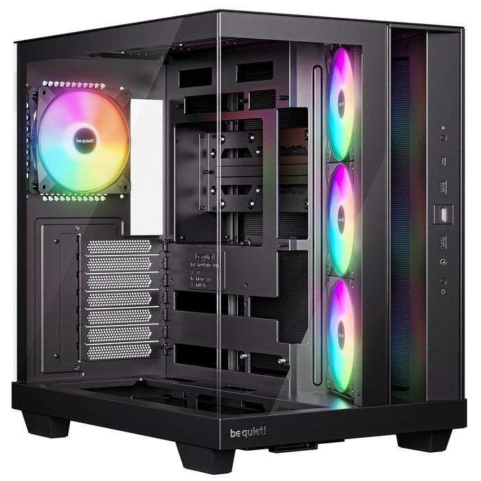 be quiet! Light Base 500 LX: Чорний корпус ПК з повністю прозорою передньою та бічною панелями, Show Case, Dual Chamber Design, 4 вентилятори Pure Wings 3 PWM, без RGB, задній порт-дизайн