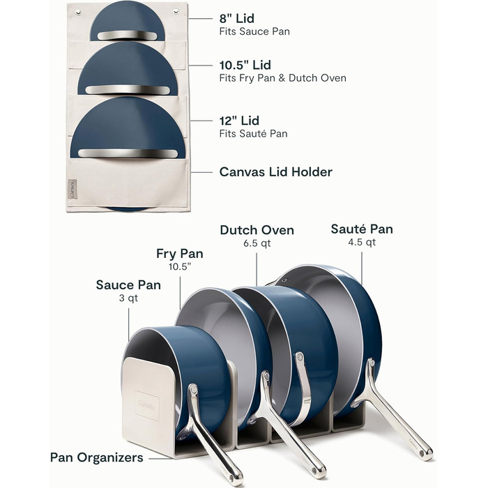 Набір кухонного посуду з антипригарним покриттям Caraway (12 предметів): каструлі, сковороди, без PTFE та PFOA, сумісний з усіма плитами (газ, електро, індукція), Salbei (Navy)