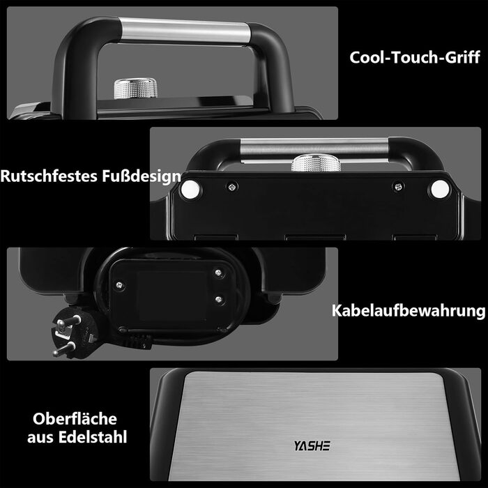 YASHE Belgian Waffle Maker - 4 Square Waffle Plates, 1200W, Non-Stick Coating, Adjustable Browning Control, Overflow Prevention, Silver/Black