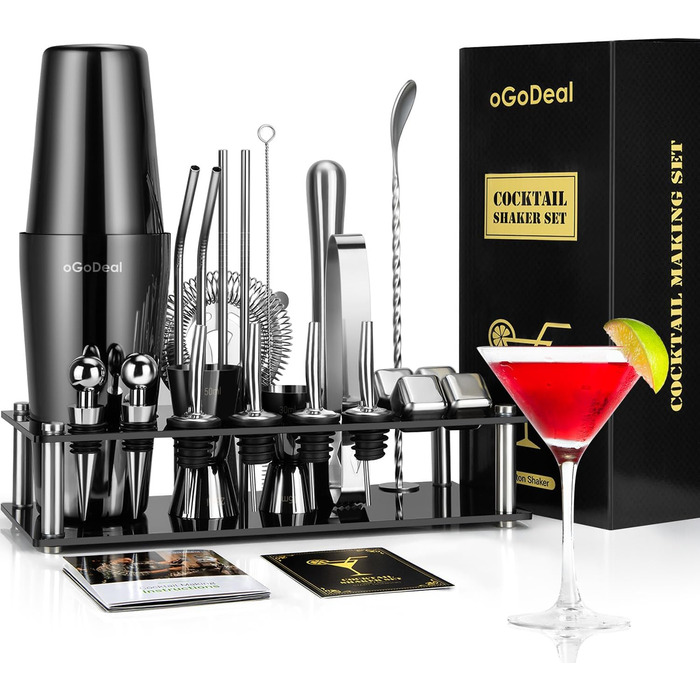 Cocktail Shaker Set, oGoDeal Boston Cocktail Shaker Black with Stand, 27pcs Bar Equipment Bartender Set Cocktail Mixer Accessories, Stainless Steel Cocktail Gift Set Mixology Bartender Kit Set 1