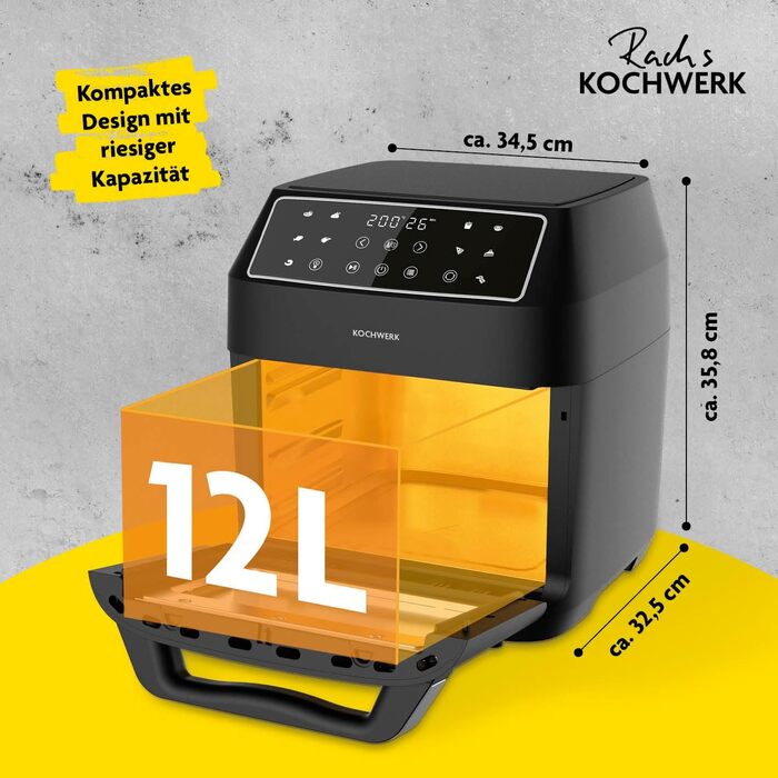 Цифрова аерофритюрниця Rachs KOCHWERK 12 л з комплектом аксесуарів XXL, духовка, гриль, фритюрниця з оглядовим вікном і сенсорним екраном, без масла, 10 програм, таймер, чорна