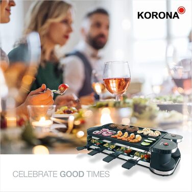 Електричний раклета-гриль Korona 45072 для 8 осіб, 2-в-1, 8 сковорідок і лопаток, антипригарні алюмінієві пластини, складаний корпус 90°/180°, довжина кабелю 2 м, чорний