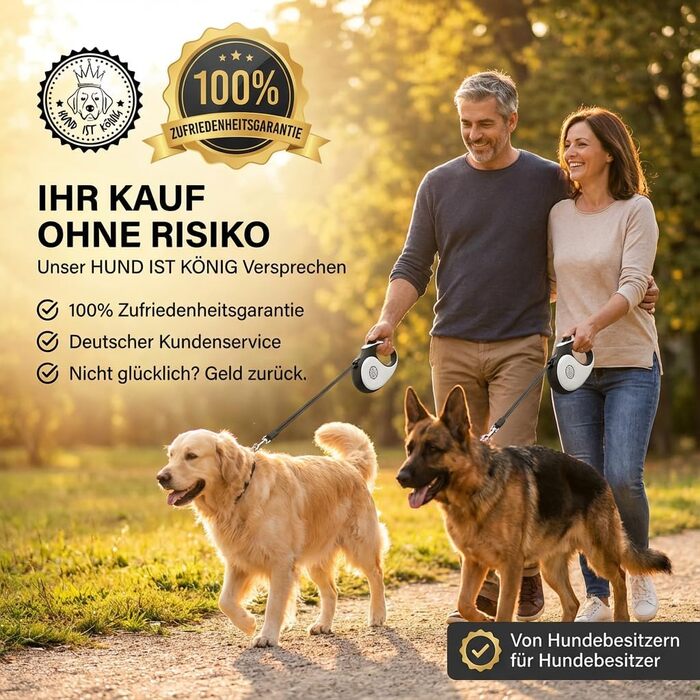 Витяжна поводок для собак HUND IST KÖNIG 8м для малих та великих собак | Міцний поводок до 50кг | Білий/Чорний