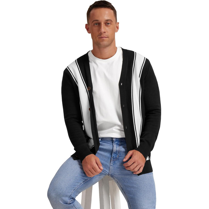 Чоловічий в'язаний кардиган вінтажний з ґудзиками, V-подібний виріз, легкий для осені/зими (смугастий чорно-білий, M)