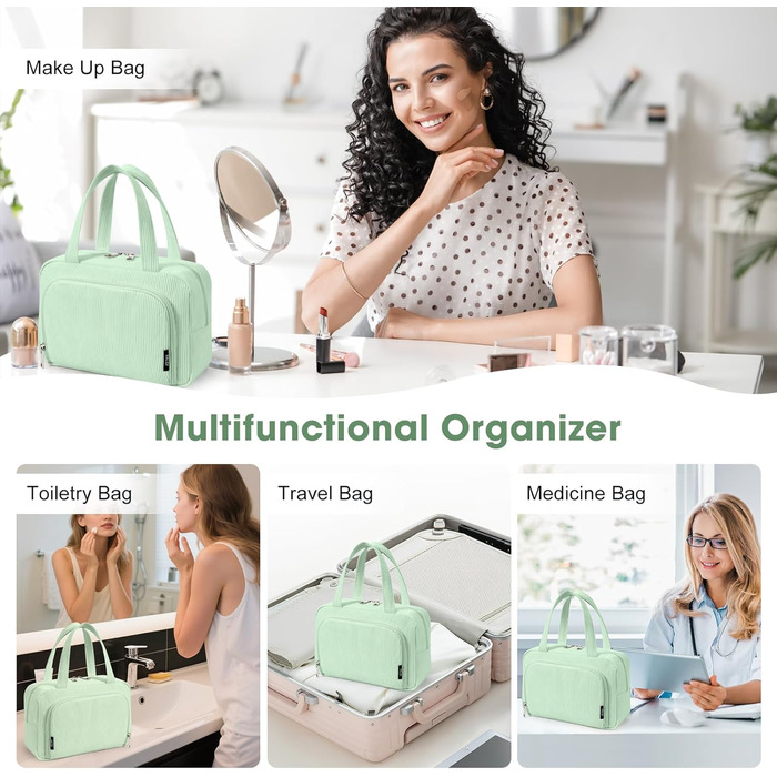 Косметичка жіноча Kalidi з багатьма відділеннями та відділенням для пензликів, велика, для подорожей, зелена (м'ятна)