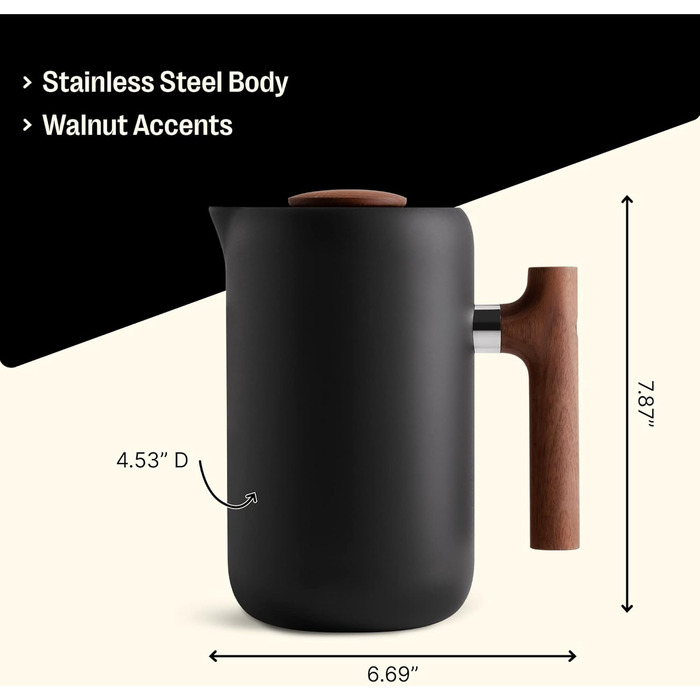 Fellow Clara Insulated French Press – Portable Stainless Steel Coffee Press, Insulated Hand Press, Matte Black with Walnut, 680g Carafe