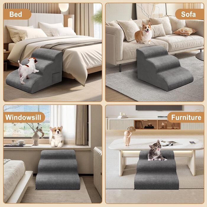 Сходи для собак маленьких порід Otauoaea: 3 сходи, антиковзаюча поверхня, для софи та ліжка, знімний чохол, сірий колір