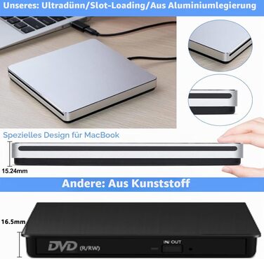 Зовнішній DVD-накопичувач для ноутбука: Портативний USB CD/DVD привід та записувач для Mac, MacBook, PC, Windows (Сріблястий)