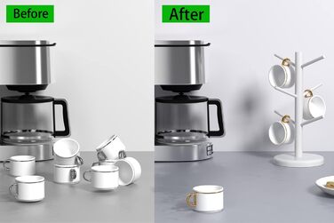 Dorho Cup Holder, Tree, Coffee Cup Holder with 6 Hooks, Wooden Cup Holder for Countertop, Coffee Bar Accessories and Organizer Station, White