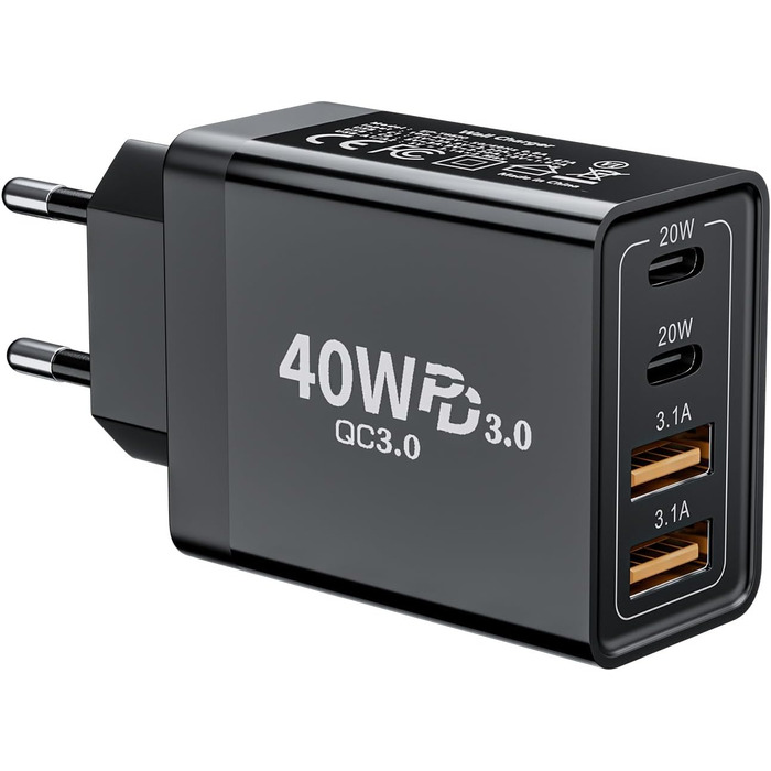 Мережевий адаптер USB-C 40W з 4 портами (USB-C та USB-A), швидка зарядка PD 3.0, для iPhone, Samsung та інших смартфонів, чорний