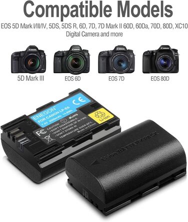 Запасний акумулятор ENEGON LP-E6 (2 шт.) та розумне LED Dual USB зарядне пристрій для Canon LP-E6, LP-E6N та Canon EOS 5D Mark II/III/IV, 5DS, 5DS R, 6D, 7D, 7D Mark II, 60D, 70D, 80D та інші камери 2 x LP-E6 акумулятори + 1 x Dual LED зарядне пристрій