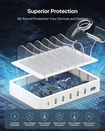 Зарядна станція SooPii USB 60W/12A, 6 портів з PD 20W для iPhone/Samsung, тримач для Apple Watch, 6 кабелів у комплекті - біла