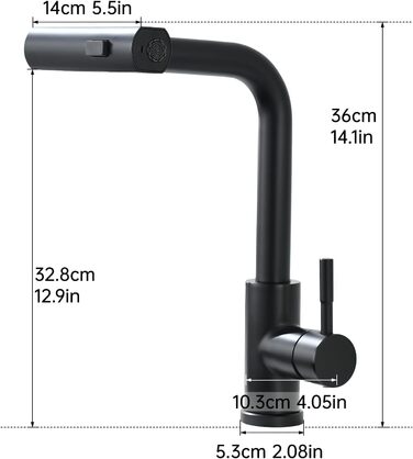 Кухонний змішувач AIMADI висувний, чорний, з 3-сторонньою душовою насадкою, 38 см шланг, однорідний міксер для холодної та гарячої води, для раковини та кухонного острова, водоспад, чорний