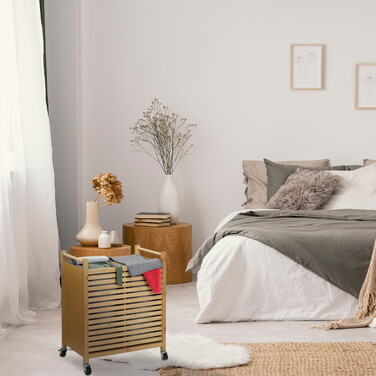 Relaxdays Bamboo Laundry Basket with Wheels