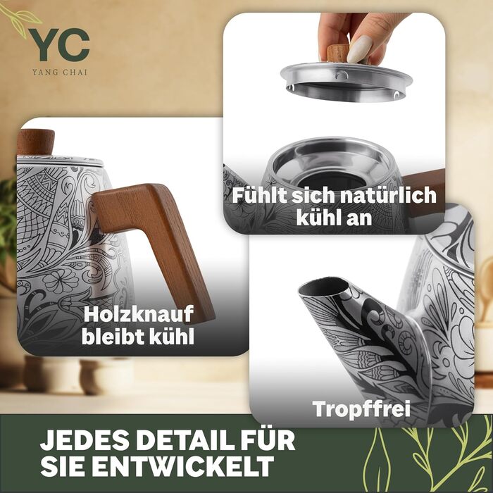 Термочайник YC Yang Chai з подвійними стінками та ситом із нержавіючої сталі 304, 1.1 л, з ручками з дуба для листового чаю