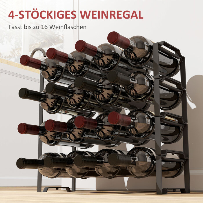 HOMCOM Wine Rack Bottle Rack for 16 Wine Bottles, Metal Bottle Holder Storage Shelf, Wine Bottle Rack for Kitchen, Dining Room Black | Aosom