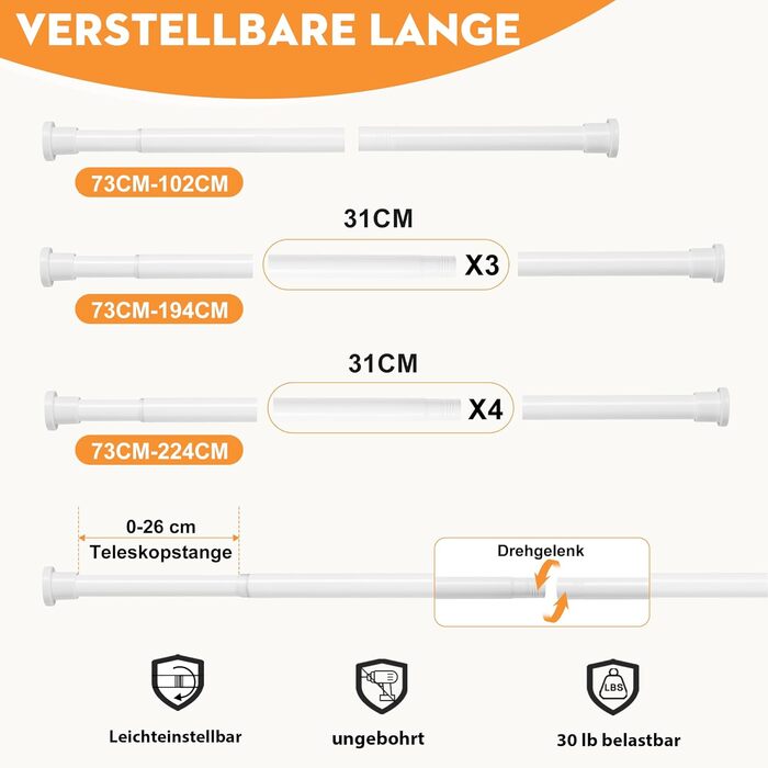 Штанга для душу без свердління 73-224 см, висувна для ванної кімнати, душу, вітальні, біла