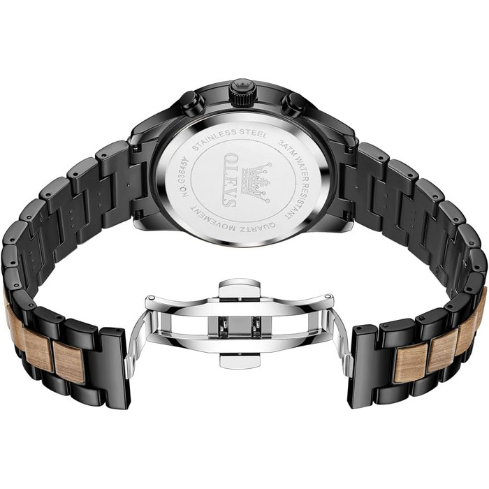 Годинник чоловічий OLEVS 3645-schwarz+gelb: аналоговий кварц, дерев'яний ремінець, хронограф, водостійкий, з підсвічуванням