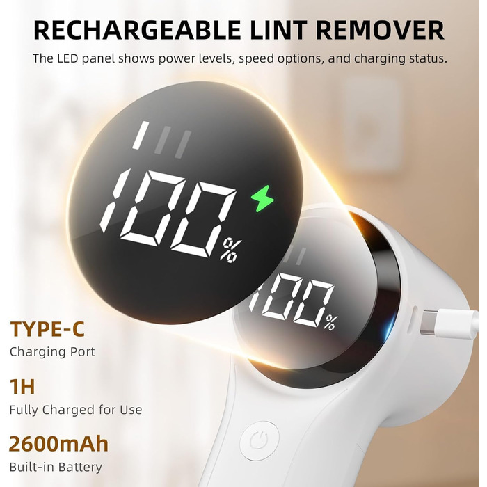 Електричний видалення ворсу з одягу - портативний бездротовий прилад для чищення одягу з LED-дисплеєм (чорний)