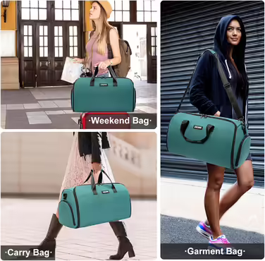 Garment bag with shoe compartment, convertible garment bag for men and women, 2-in-1 hanging, suitcase, suit, weekend, duffel bag, green, travel garment bag