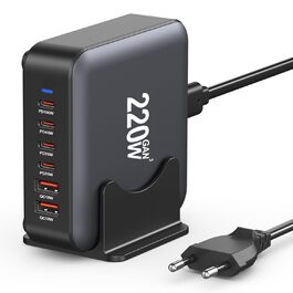 Зарядний пристрій USB-C 200W, 8 портів, GaN адаптер для MacBook Air/iPad/iPhone 15/16/Galaxy S23 - Чорний